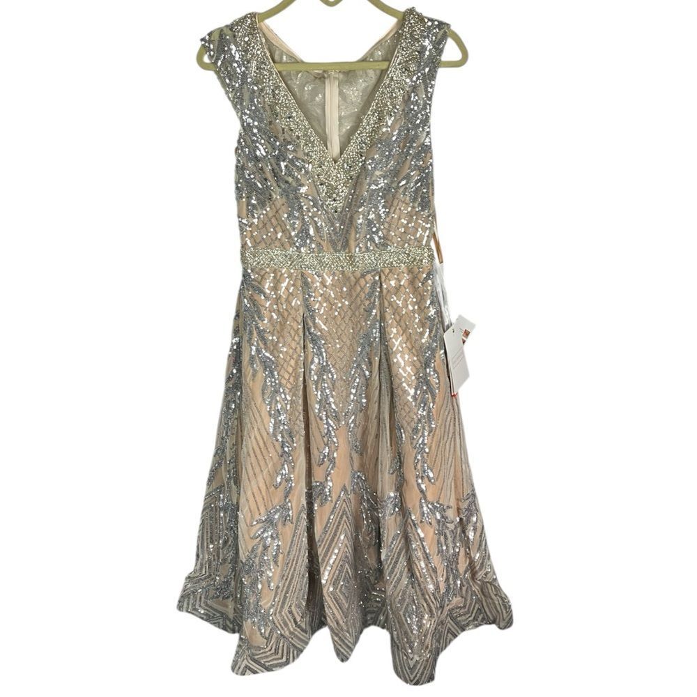 Mac‎ Duggal Beaded Nude Silver Dress 4 Art Deco Midi V Neck Gala 67533 - Picture 3 of 16